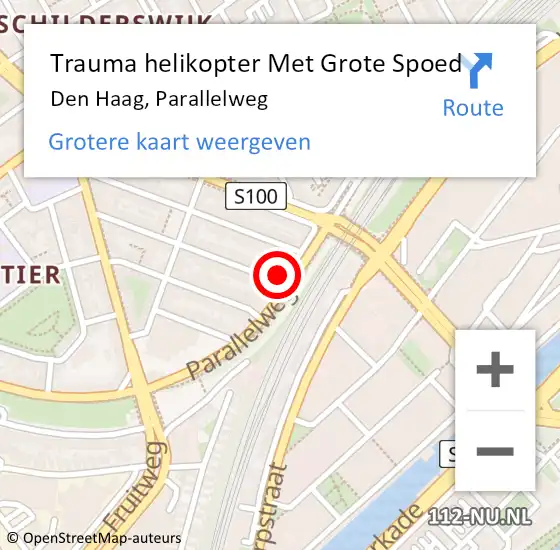 Locatie op kaart van de 112 melding: Trauma helikopter Met Grote Spoed Naar Den Haag, Parallelweg op 28 juni 2022 17:45