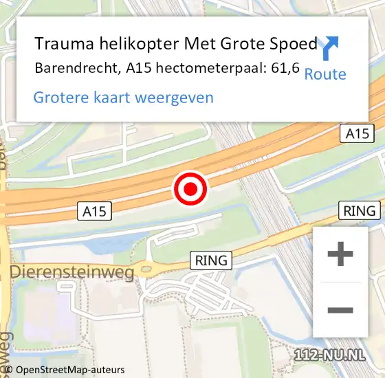 Locatie op kaart van de 112 melding: Trauma helikopter Met Grote Spoed Naar Barendrecht, A15 hectometerpaal: 61,6 op 28 juni 2022 18:48