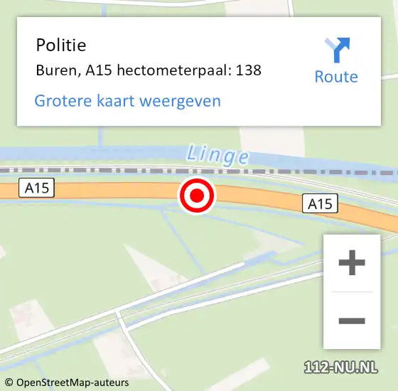 Locatie op kaart van de 112 melding: Politie Buren, A15 hectometerpaal: 138 op 28 juni 2022 19:07