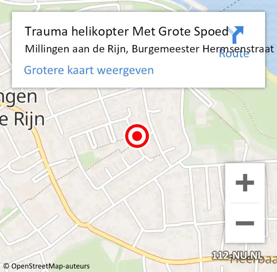 Locatie op kaart van de 112 melding: Trauma helikopter Met Grote Spoed Naar Millingen aan de Rijn, Burgemeester Hermsenstraat op 28 juni 2022 19:58