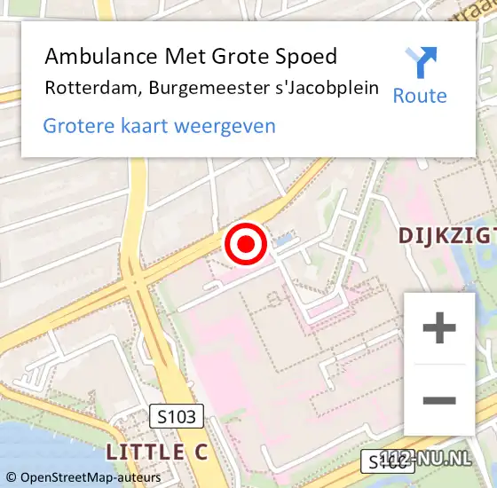Locatie op kaart van de 112 melding: Ambulance Met Grote Spoed Naar Rotterdam, Burgemeester s'Jacobplein op 28 juni 2022 20:04