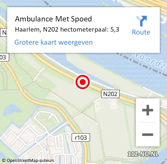 Locatie op kaart van de 112 melding: Ambulance Met Spoed Naar Haarlem, N202 hectometerpaal: 5,3 op 28 juni 2022 20:09