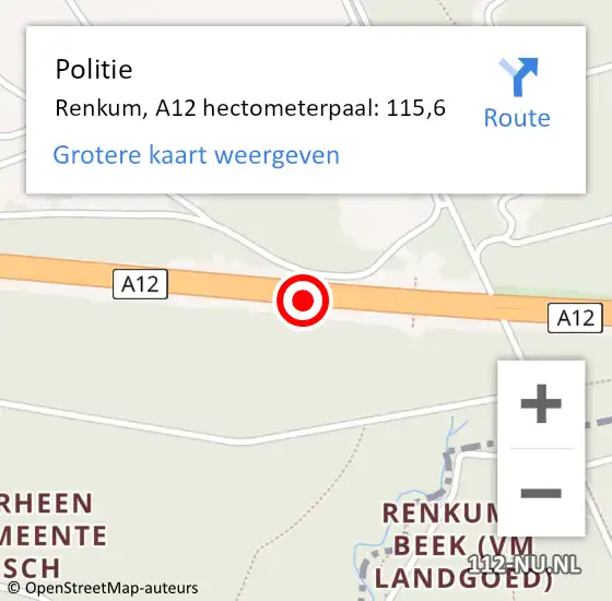 Locatie op kaart van de 112 melding: Politie Renkum, A12 hectometerpaal: 115,6 op 28 juni 2022 21:22