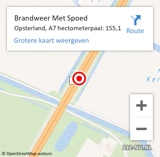 Locatie op kaart van de 112 melding: Brandweer Met Spoed Naar Opsterland, A7 hectometerpaal: 155,1 op 28 juni 2022 21:46