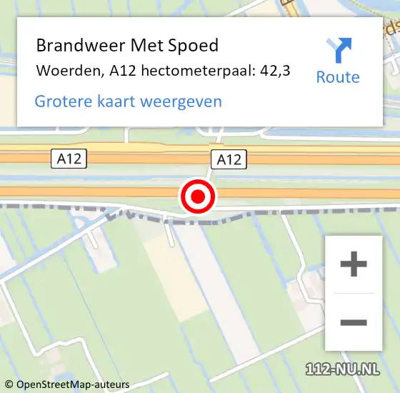 Locatie op kaart van de 112 melding: Brandweer Met Spoed Naar Woerden, A12 hectometerpaal: 42,3 op 28 juni 2022 21:52