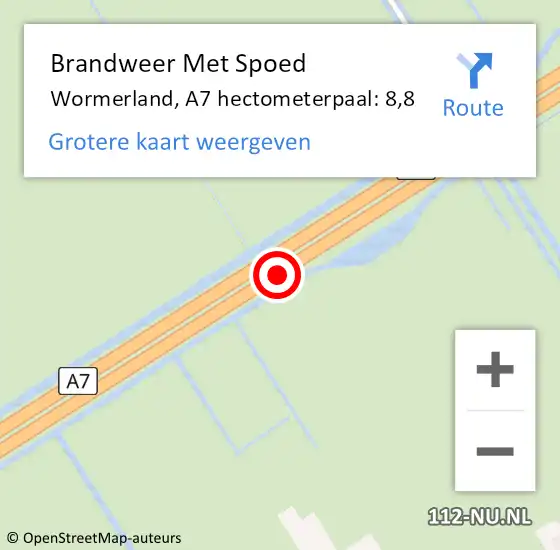 Locatie op kaart van de 112 melding: Brandweer Met Spoed Naar Wormerland, A7 hectometerpaal: 8,8 op 28 juni 2022 22:31