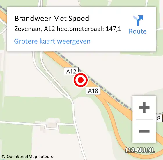 Locatie op kaart van de 112 melding: Brandweer Met Spoed Naar Zevenaar, A12 hectometerpaal: 147,1 op 28 juni 2022 23:38