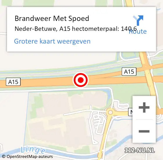 Locatie op kaart van de 112 melding: Brandweer Met Spoed Naar Neder-Betuwe, A15 hectometerpaal: 140,6 op 29 juni 2022 00:09