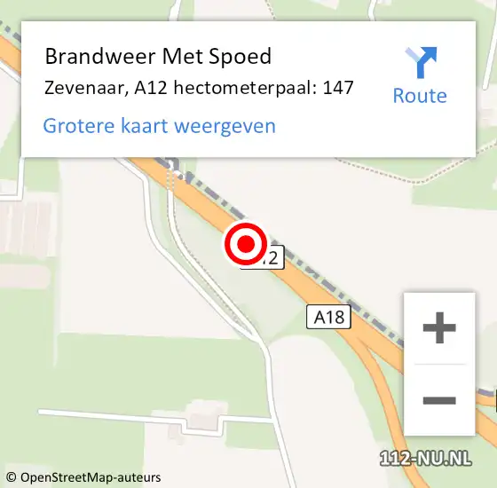 Locatie op kaart van de 112 melding: Brandweer Met Spoed Naar Zevenaar, A12 hectometerpaal: 147 op 29 juni 2022 01:50