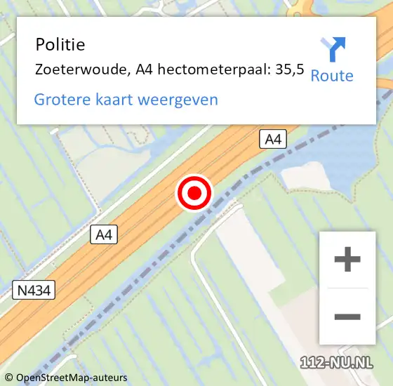 Locatie op kaart van de 112 melding: Politie Zoeterwoude, A4 hectometerpaal: 35,5 op 29 juni 2022 01:54