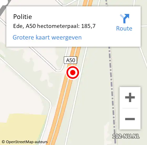 Locatie op kaart van de 112 melding: Politie Ede, A50 hectometerpaal: 185,7 op 29 juni 2022 06:53