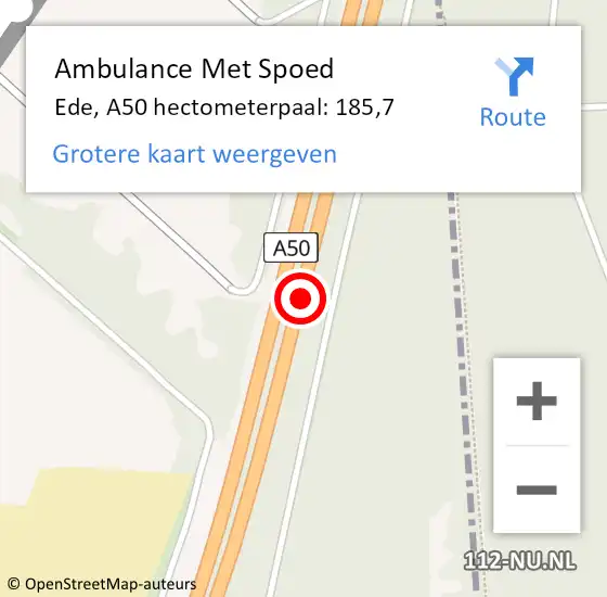 Locatie op kaart van de 112 melding: Ambulance Met Spoed Naar Ede, A50 hectometerpaal: 185,7 op 29 juni 2022 06:55