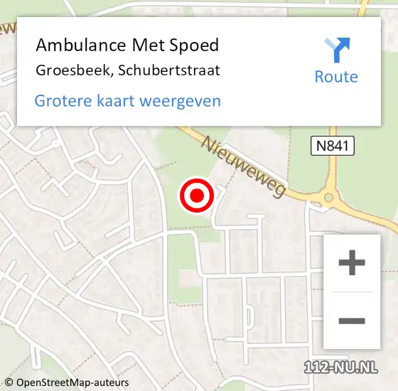 Locatie op kaart van de 112 melding: Ambulance Met Spoed Naar Groesbeek, Schubertstraat op 29 juni 2022 07:42