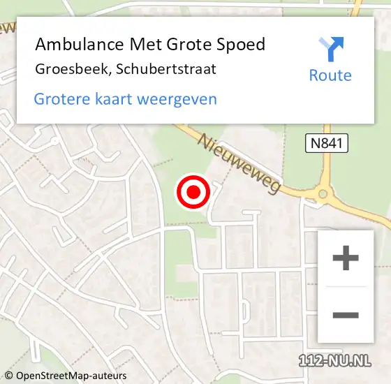 Locatie op kaart van de 112 melding: Ambulance Met Grote Spoed Naar Groesbeek, Schubertstraat op 29 juni 2022 08:04