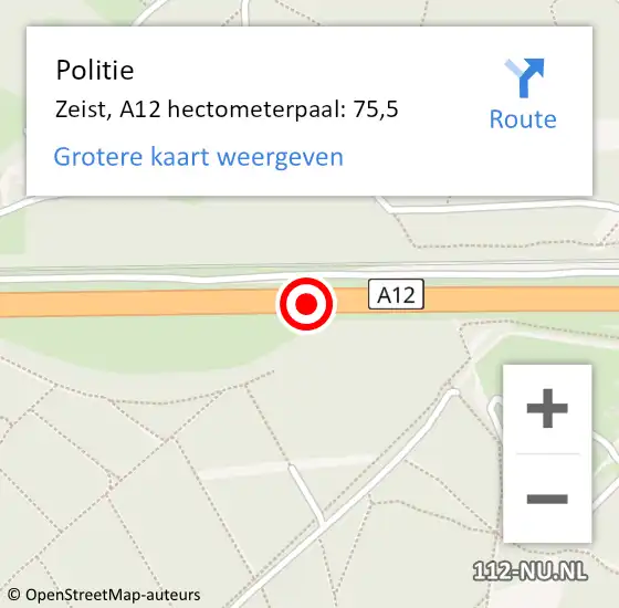 Locatie op kaart van de 112 melding: Politie Zeist, A12 hectometerpaal: 75,5 op 29 juni 2022 08:25