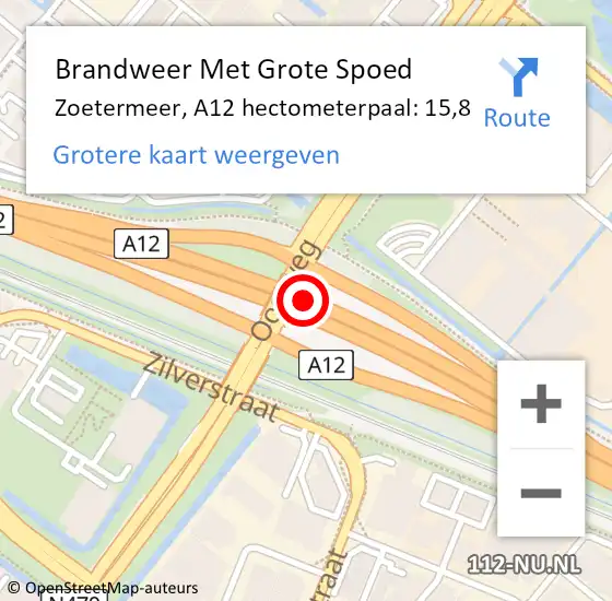 Locatie op kaart van de 112 melding: Brandweer Met Grote Spoed Naar Zoetermeer, A12 hectometerpaal: 15,8 op 29 juni 2022 10:39