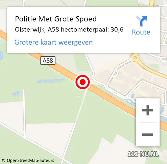 Locatie op kaart van de 112 melding: Politie Met Grote Spoed Naar Oisterwijk, A58 hectometerpaal: 30,6 op 29 juni 2022 11:14
