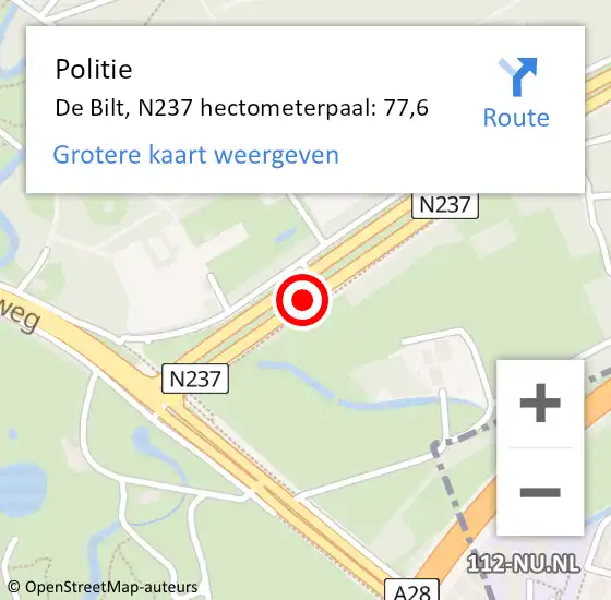 Locatie op kaart van de 112 melding: Politie De Bilt, N237 hectometerpaal: 77,6 op 29 juni 2022 11:22