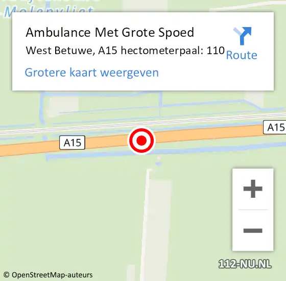 Locatie op kaart van de 112 melding: Ambulance Met Grote Spoed Naar West Betuwe, A15 hectometerpaal: 110 op 29 juni 2022 12:20