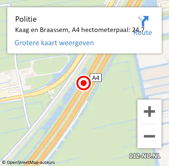 Locatie op kaart van de 112 melding: Politie Kaag en Braassem, A4 hectometerpaal: 24,7 op 29 juni 2022 13:41