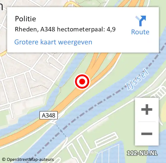Locatie op kaart van de 112 melding: Politie Rheden, A348 hectometerpaal: 4,9 op 29 juni 2022 13:44