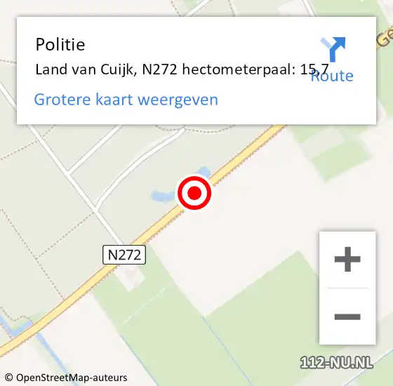 Locatie op kaart van de 112 melding: Politie Land van Cuijk, N272 hectometerpaal: 15,7 op 29 juni 2022 13:45