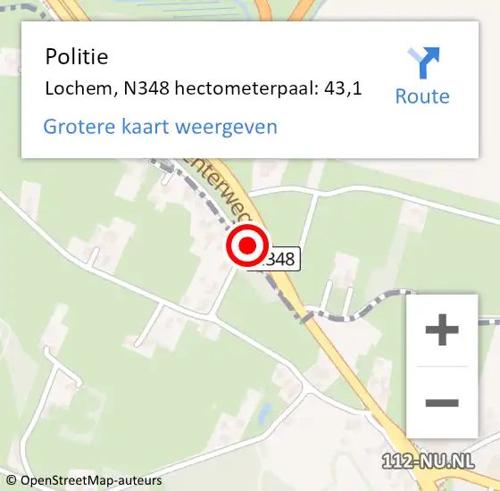 Locatie op kaart van de 112 melding: Politie Lochem, N348 hectometerpaal: 43,1 op 29 juni 2022 13:49