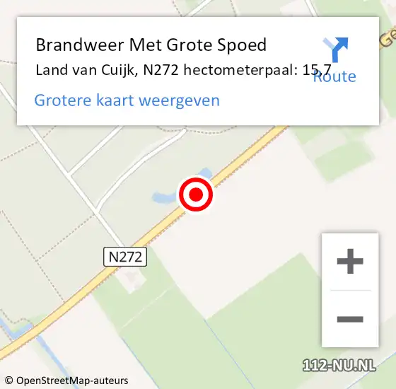 Locatie op kaart van de 112 melding: Brandweer Met Grote Spoed Naar Land van Cuijk, N272 hectometerpaal: 15,7 op 29 juni 2022 13:50