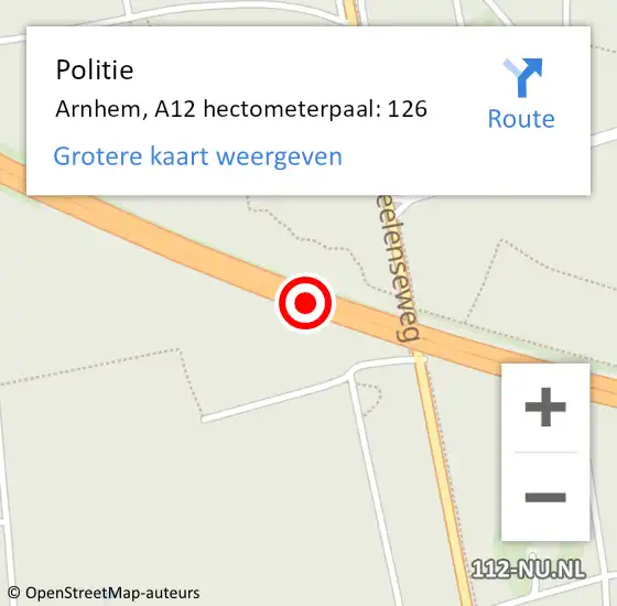 Locatie op kaart van de 112 melding: Politie Arnhem, A12 hectometerpaal: 126 op 29 juni 2022 13:54