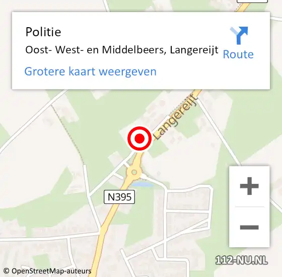 Locatie op kaart van de 112 melding: Politie Oost- West- en Middelbeers, Langereijt op 29 juni 2022 13:59