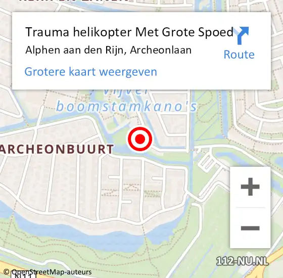 Locatie op kaart van de 112 melding: Trauma helikopter Met Grote Spoed Naar Alphen aan den Rijn, Archeonlaan op 29 juni 2022 14:11