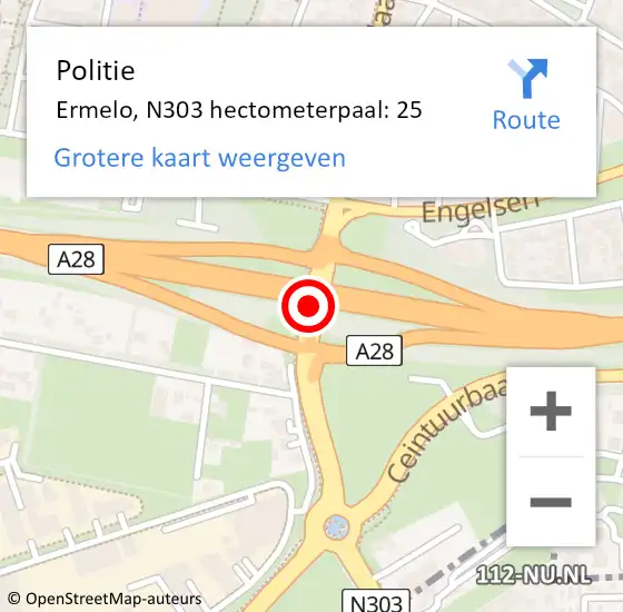 Locatie op kaart van de 112 melding: Politie Ermelo, N303 hectometerpaal: 25 op 29 juni 2022 14:15
