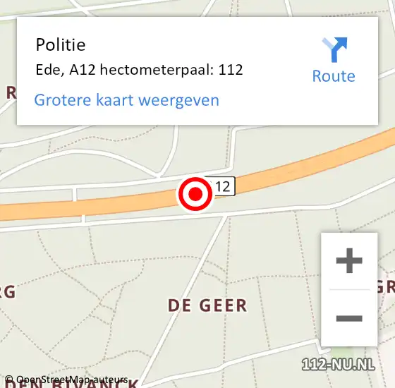 Locatie op kaart van de 112 melding: Politie Ede, A12 hectometerpaal: 112 op 29 juni 2022 14:44