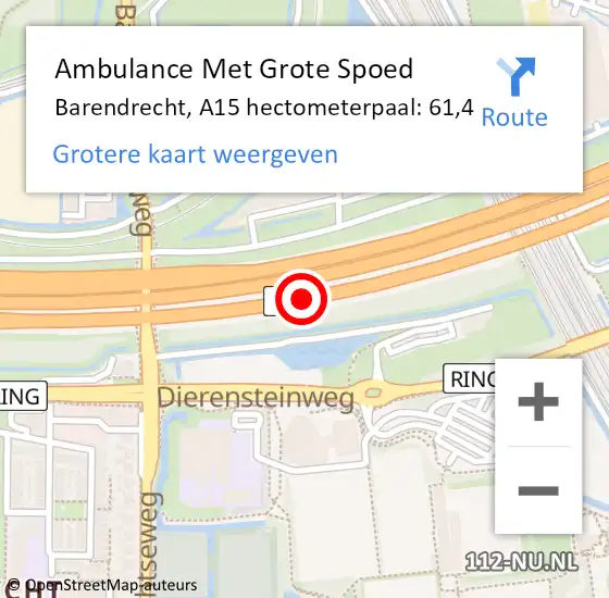 Locatie op kaart van de 112 melding: Ambulance Met Grote Spoed Naar Barendrecht, A15 hectometerpaal: 61,4 op 29 juni 2022 15:09