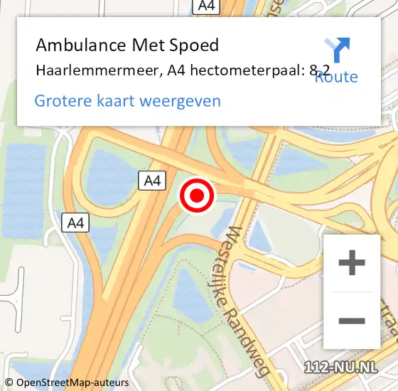 Locatie op kaart van de 112 melding: Ambulance Met Spoed Naar Haarlemmermeer, A4 hectometerpaal: 8,2 op 29 juni 2022 15:14