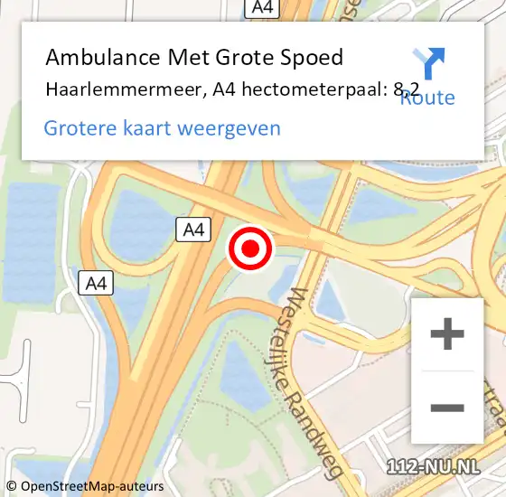 Locatie op kaart van de 112 melding: Ambulance Met Grote Spoed Naar Haarlemmermeer, A4 hectometerpaal: 8,2 op 29 juni 2022 15:21