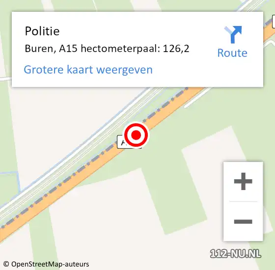 Locatie op kaart van de 112 melding: Politie Buren, A15 hectometerpaal: 126,2 op 29 juni 2022 15:47