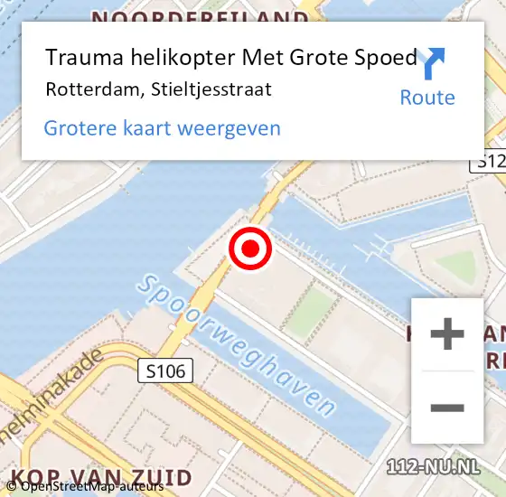 Locatie op kaart van de 112 melding: Trauma helikopter Met Grote Spoed Naar Rotterdam, Stieltjesstraat op 29 juni 2022 15:51