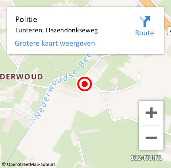Locatie op kaart van de 112 melding: Politie Lunteren, Hazendonkseweg op 29 juni 2022 16:32