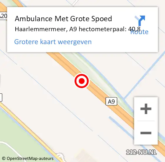 Locatie op kaart van de 112 melding: Ambulance Met Grote Spoed Naar Haarlemmermeer, A9 hectometerpaal: 40,8 op 29 juni 2022 17:00