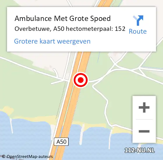 Locatie op kaart van de 112 melding: Ambulance Met Grote Spoed Naar Overbetuwe, A50 hectometerpaal: 152 op 29 juni 2022 18:06