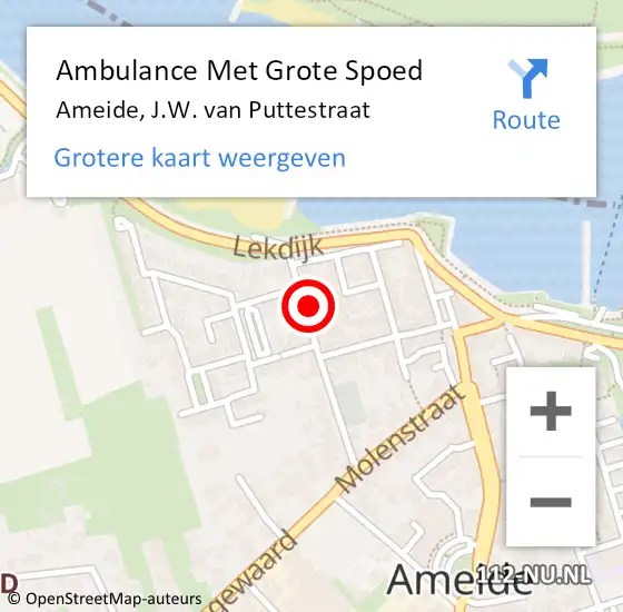 Locatie op kaart van de 112 melding: Ambulance Met Grote Spoed Naar Ameide, J.W. van Puttestraat op 29 juni 2022 18:55