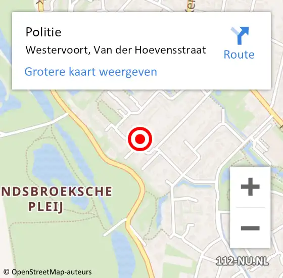 Locatie op kaart van de 112 melding: Politie Westervoort, Van der Hoevensstraat op 29 juni 2022 19:44