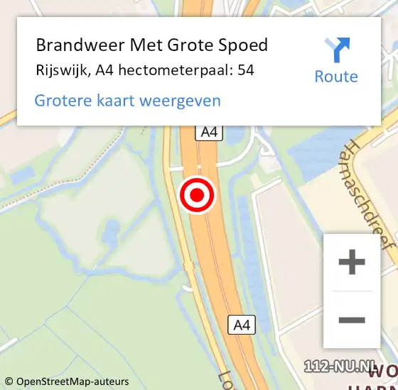 Locatie op kaart van de 112 melding: Brandweer Met Grote Spoed Naar Rijswijk, A4 hectometerpaal: 54 op 29 juni 2022 20:16