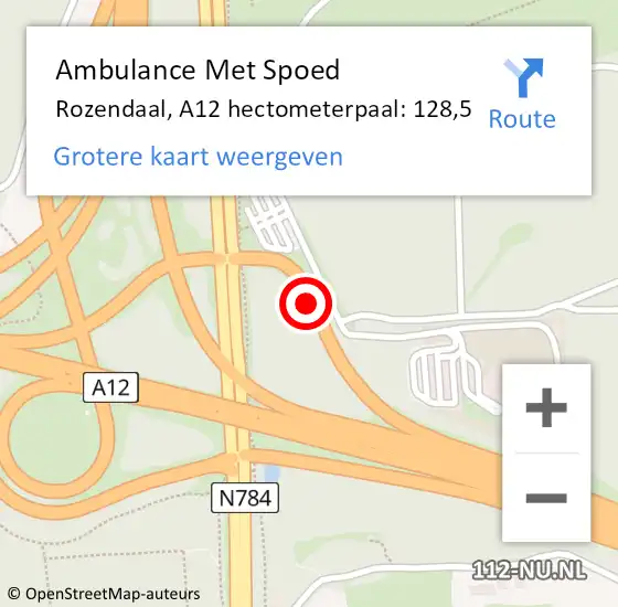 Locatie op kaart van de 112 melding: Ambulance Met Spoed Naar Rozendaal, A12 hectometerpaal: 128,5 op 29 juni 2022 21:36