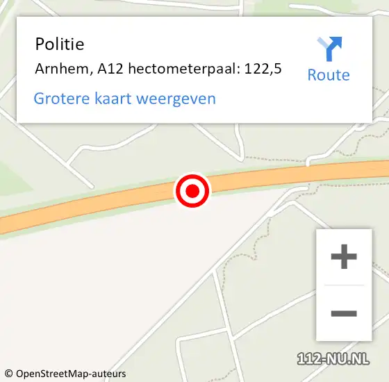 Locatie op kaart van de 112 melding: Politie Arnhem, A12 hectometerpaal: 122,5 op 29 juni 2022 22:45