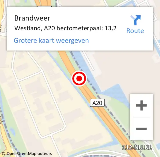Locatie op kaart van de 112 melding: Brandweer Westland, A20 hectometerpaal: 13,2 op 29 juni 2022 23:13