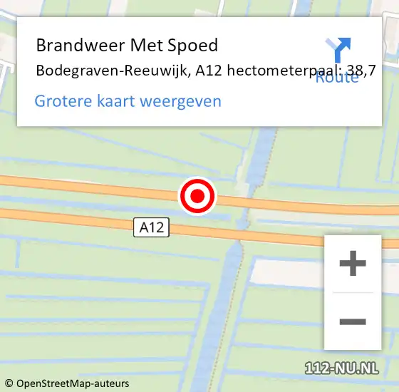 Locatie op kaart van de 112 melding: Brandweer Met Spoed Naar Bodegraven-Reeuwijk, A12 hectometerpaal: 38,7 op 29 juni 2022 23:29