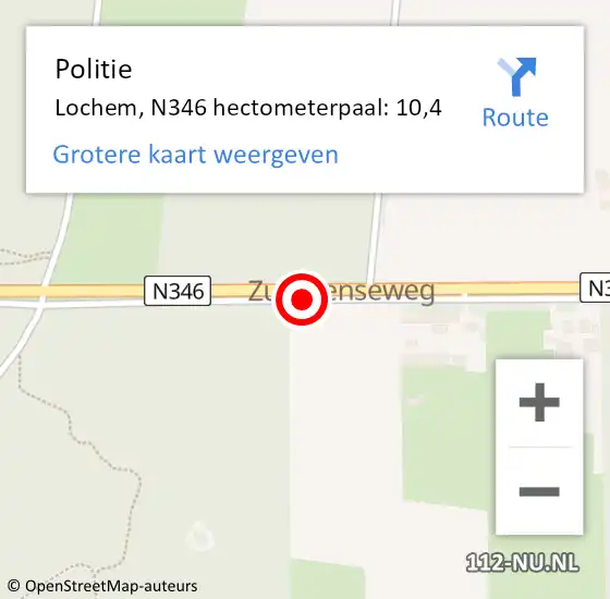 Locatie op kaart van de 112 melding: Politie Lochem, N346 hectometerpaal: 10,4 op 30 juni 2022 01:11