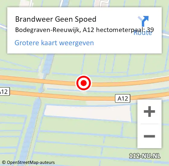 Locatie op kaart van de 112 melding: Brandweer Geen Spoed Naar Bodegraven-Reeuwijk, A12 hectometerpaal: 39 op 30 juni 2022 05:37